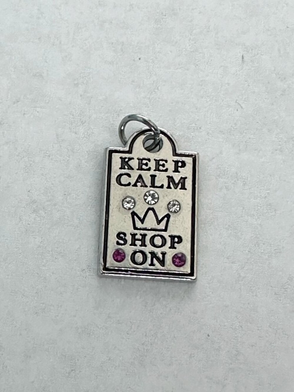 Effy "Keep Calm Shop On" Silver Tone Charm Pink Crystal for Necklace or Bracelet